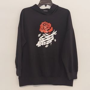 SHEIN Red Rose Skeleton Hand Black Hoodie  Size M